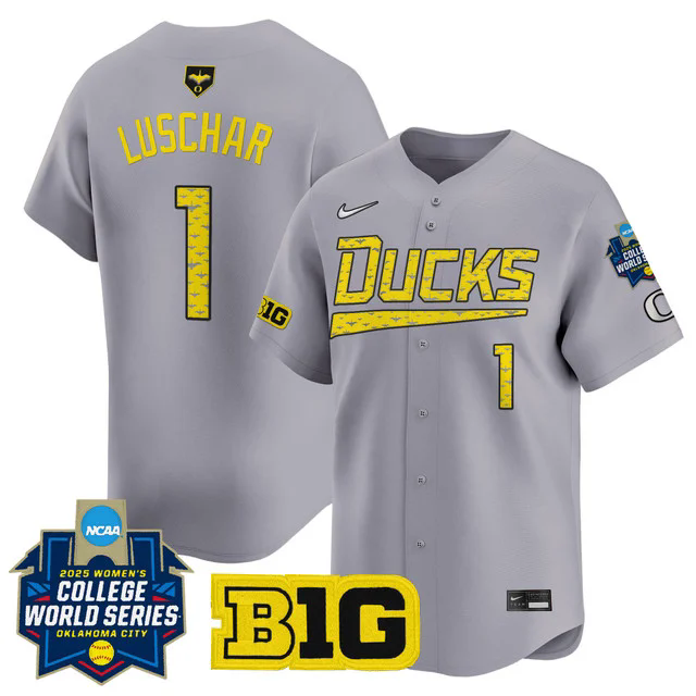 Men's size - Oregon Ducks Softball 2025 World Series (WCWS) Jersey GRAY #1 KEDRE LUSCHAR.webp