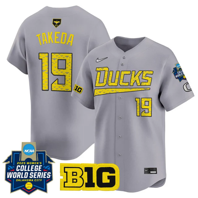 Men's size - Oregon Ducks Softball 2025 World Series (WCWS) Jersey GRAY #19 JANIE TAKEDA.webp