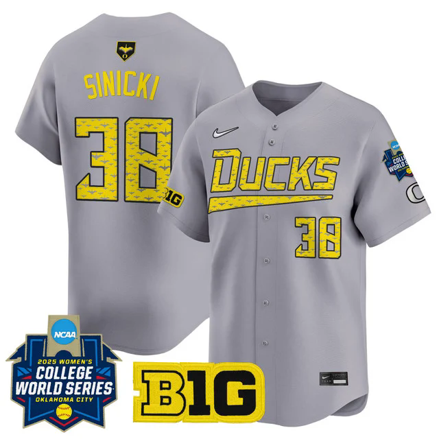 Men's size - Oregon Ducks Softball 2025 World Series (WCWS) Jersey GRAY #38 PAIGE SINICKI.webp