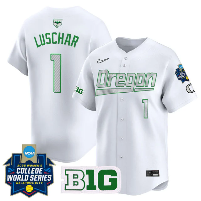 Men's size - Oregon Ducks Softball 2025 World Series (WCWS) Jersey WHITE #1 KEDRE LUSCHAR.webp