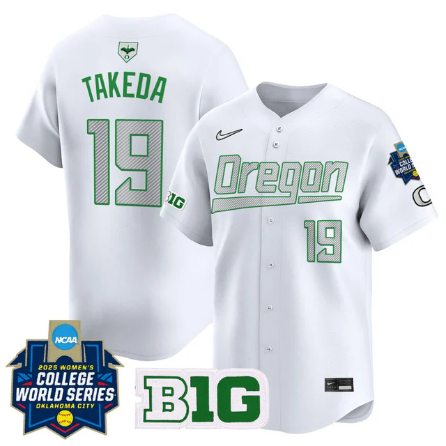 Men's size - Oregon Ducks Softball 2025 World Series (WCWS) Jersey WHITE #19 JANIE TAKEDA.webp