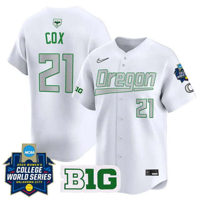 Men's size - Oregon Ducks Softball 2025 World Series (WCWS) Jersey WHITE #21 EMMA COX.webp