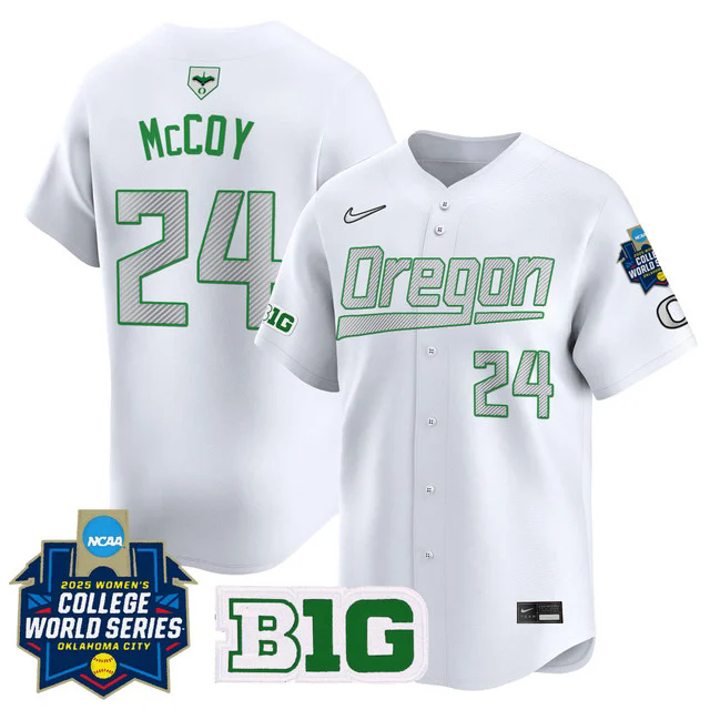 Men's size - Oregon Ducks Softball 2025 World Series (WCWS) Jersey WHITE #24 RYLEE MCCOY.webp