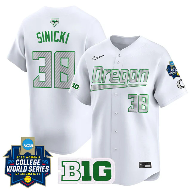 Men's size - Oregon Ducks Softball 2025 World Series (WCWS) Jersey WHITE #38 PAIGE SINICKI.webp
