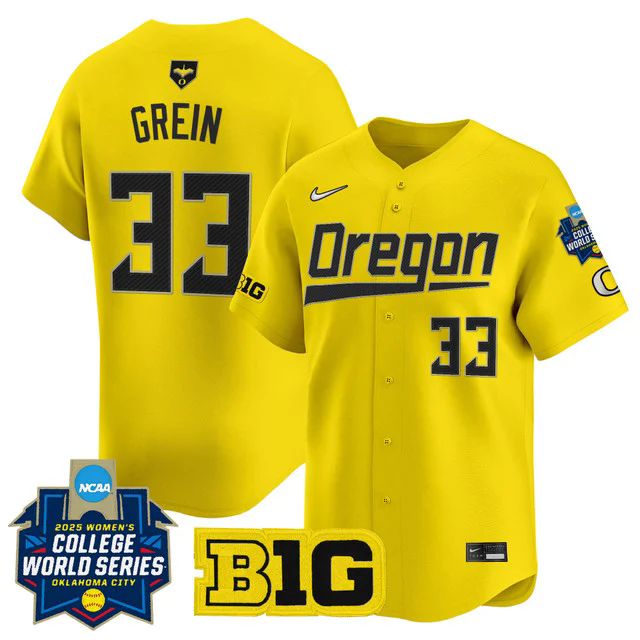 Men's size - Oregon Ducks Softball 2025 World Series (WCWS) Jersey YELLOW #33 LYNDSEY GREIN.webp