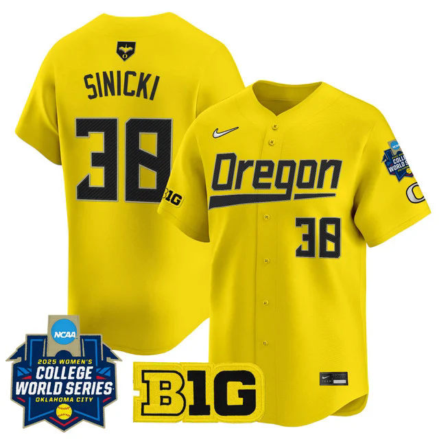 Men's size - Oregon Ducks Softball 2025 World Series (WCWS) Jersey YELLOW #38 PAIGE SINICKI.webp