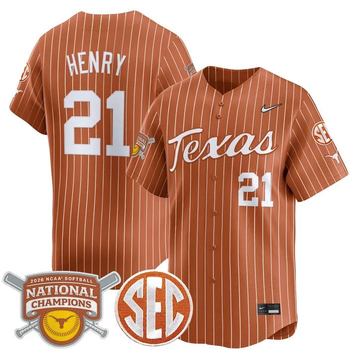 Men's size - Texas Longhorns 2026 Softball National Champions Vapor Premier Limited Jersey orange 21 Kayden Henry