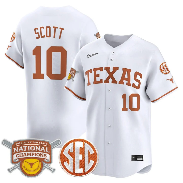 Men's size - Texas Longhorns 2026 Softball National Champions Vapor Premier Limited Jersey white 10 Mia Scott