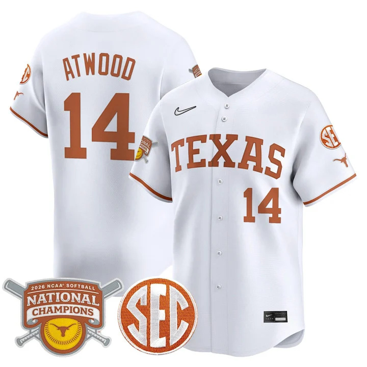 Men's size - Texas Longhorns 2026 Softball National Champions Vapor Premier Limited Jersey white 14 Reese Atwood