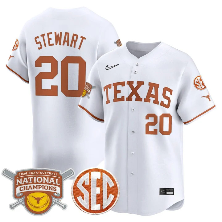 Men's size - Texas Longhorns 2026 Softball National Champions Vapor Premier Limited Jersey white 20 Katie Stewart