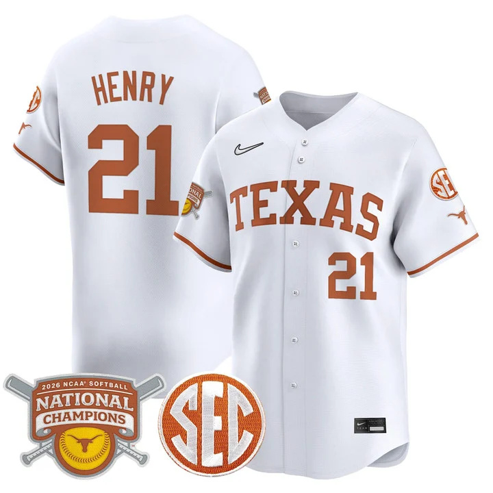 Men's size - Texas Longhorns 2026 Softball National Champions Vapor Premier Limited Jersey white 21 Kayden Henry
