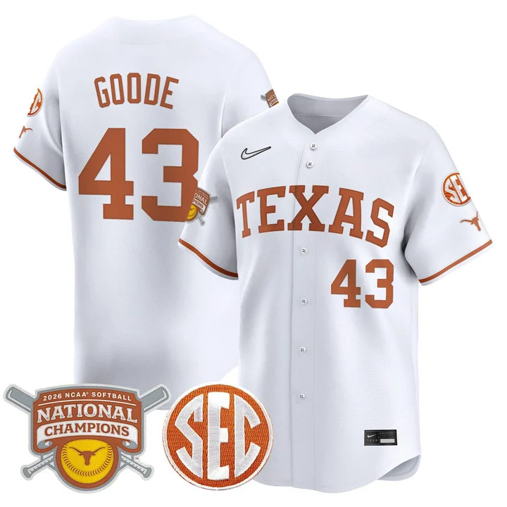 Men's size - Texas Longhorns 2026 Softball National Champions Vapor Premier Limited Jersey white 43 Leighann Goode