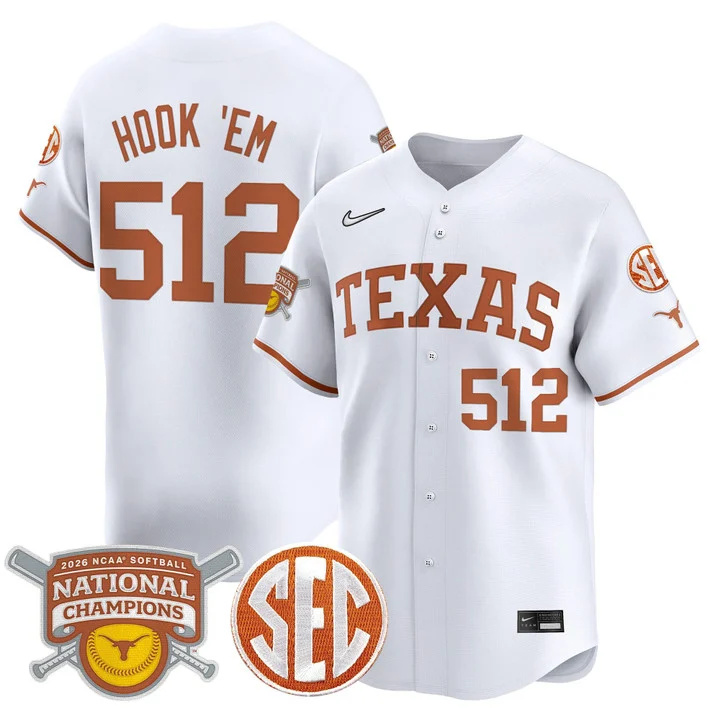 Men's size - Texas Longhorns 2026 Softball National Champions Vapor Premier Limited Jersey white 512 Hook EM