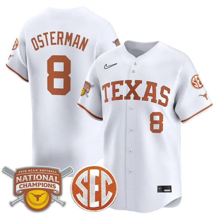 Men's size - Texas Longhorns 2026 Softball National Champions Vapor Premier Limited Jersey white 8 Cat Osterman