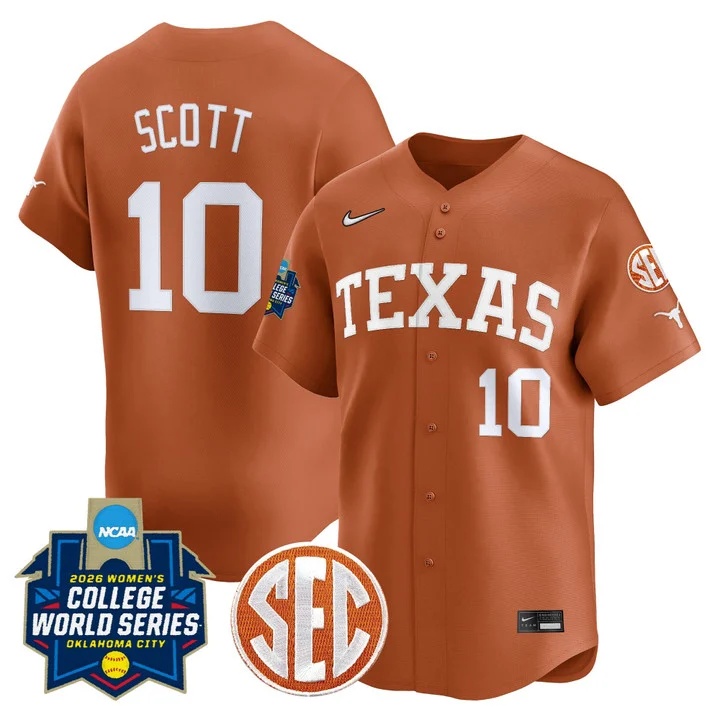 Men's size - Texas Longhorns Softball 2026 World Series (WCWS) Vapor Premier Limited Jersey #10 MIA SCOTT