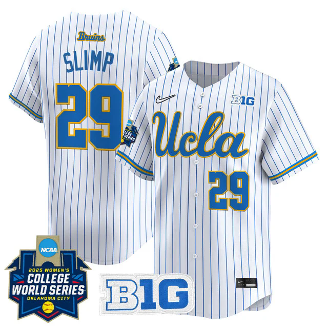 Men's size - UCLA Bruins Softball 2025 World Series (WCWS) Jersey PINSTRIPE #29 RYLEE SLIMP.webp