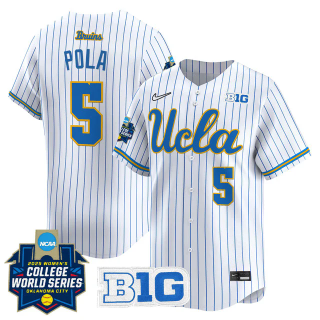Men's size - UCLA Bruins Softball 2025 World Series (WCWS) Jersey PINSTRIPE #5 SAVANNAH POLA.webp