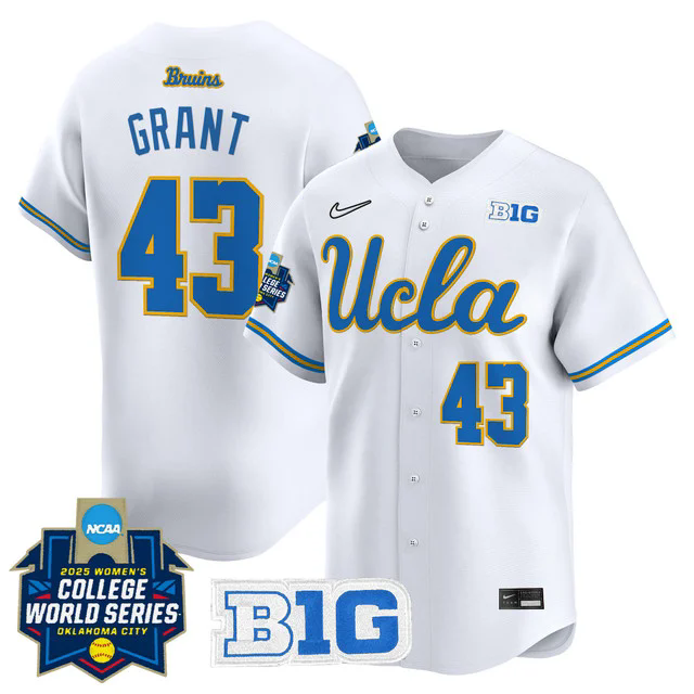 Men's size - UCLA Bruins Softball 2025 World Series (WCWS) Jersey WHITE #43 MEGAN GRANT.webp