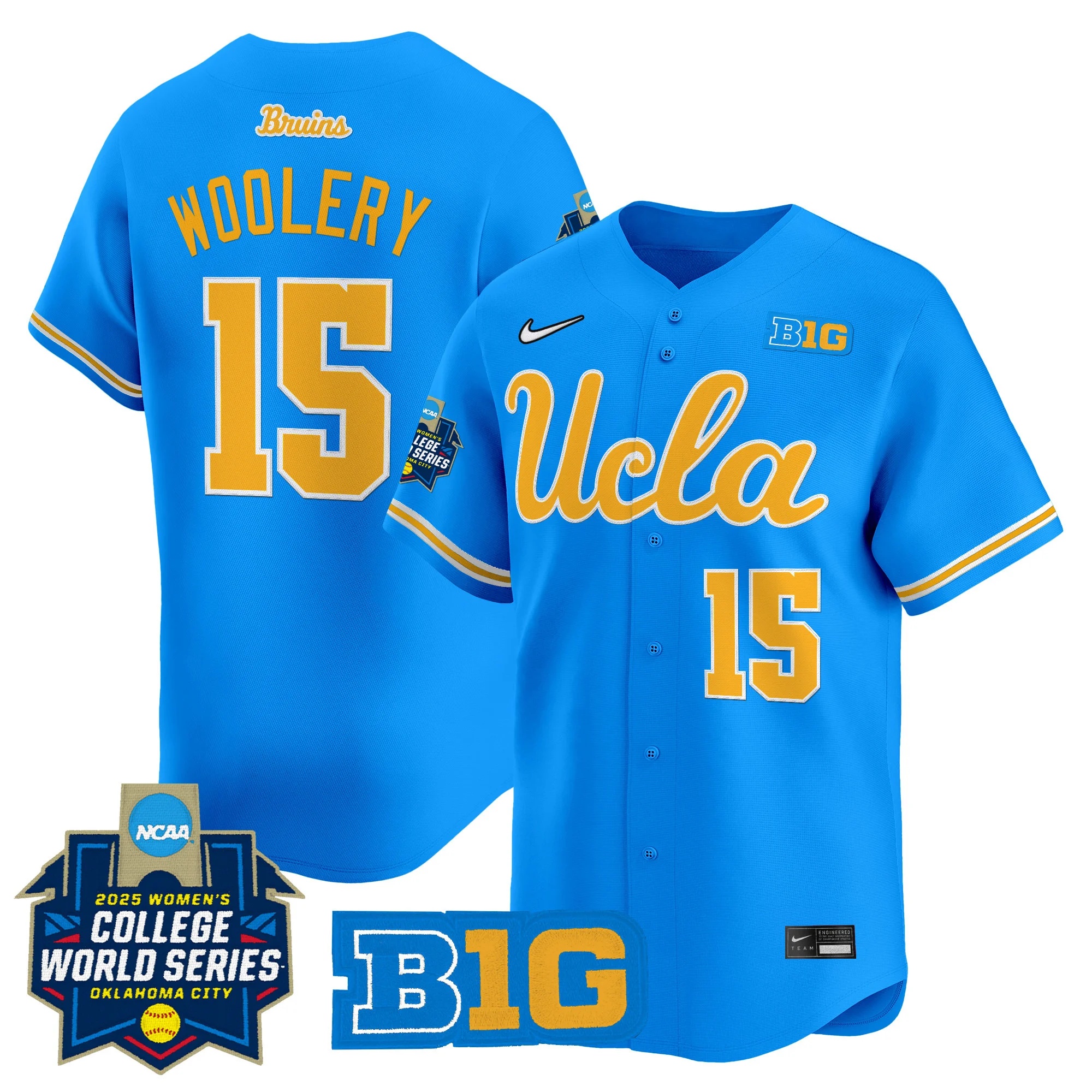 Men's size - UCLA Bruins Softball 2025 World Series (WCWS) Vapor Premier Limited Jersey BLUE#15 JORDAN WOOLERY