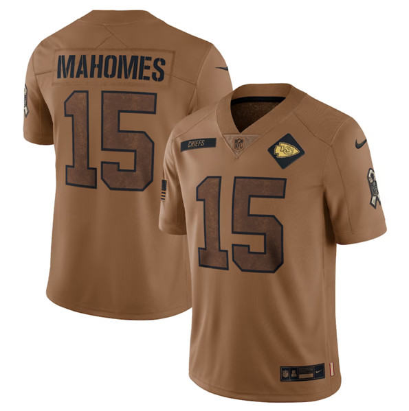 Mena??s Kansas City Chiefs #15 Patrick Mahomes 2023 Brown Salute To Service Limited Football Stitched Jersey