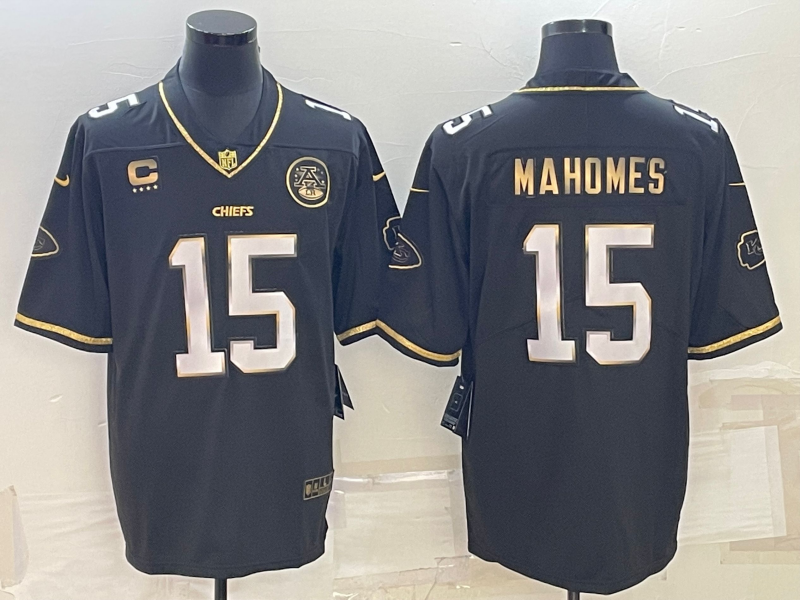 Mena??s Kansas City Chiefs #15 Patrick Mahomes Black Gold 4-star C Patch Vapor Untouchable Limited Stitched Jersey