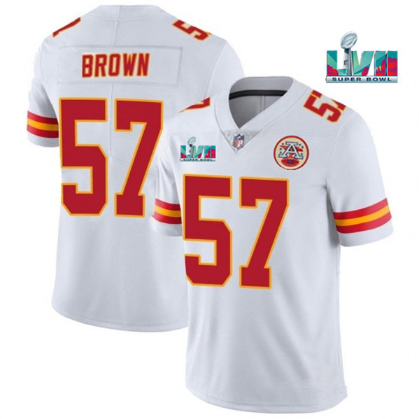 Mena??s Kansas City Chiefs #57 Orlando Brown White Super Bowl LVII Patch Vapor Untouchable Limited Stitched Jersey