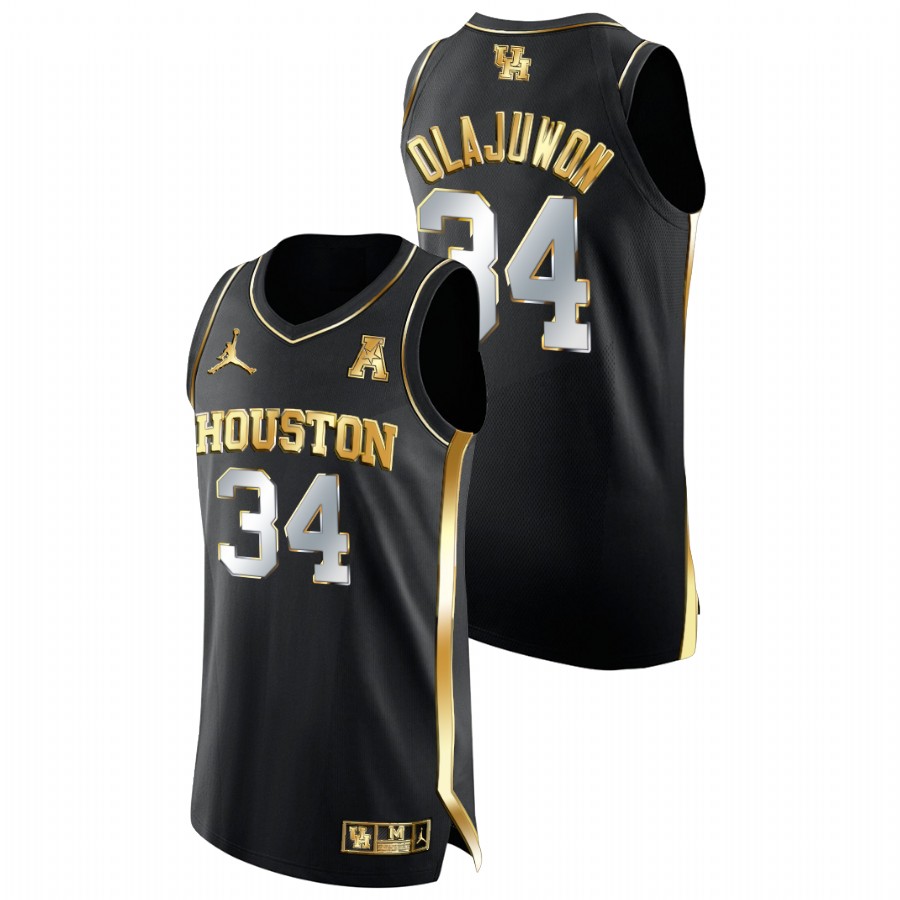 Men Houston Cougars Hakeem Olajuwon Golden Edition College Basketball Jersey Black