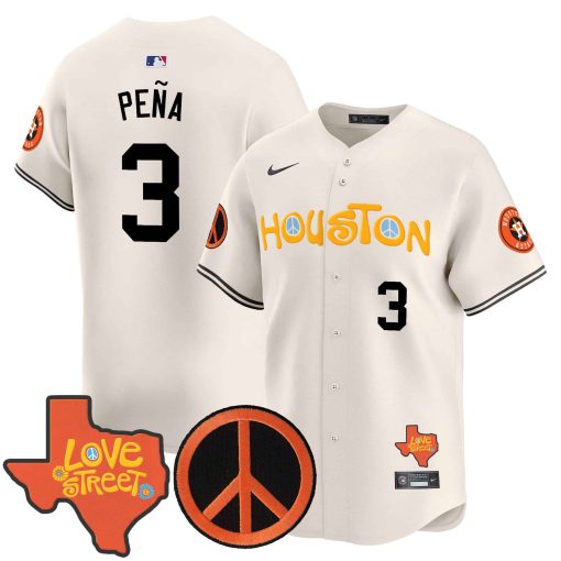 Men’s Astros Love Street & Peace Sign Patch Vapor Premier Limited Jersey V2 CREAM #3 PENA