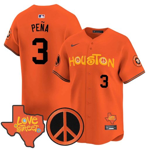 Men’s Astros Love Street & Peace Sign Patch Vapor Premier Limited Jersey V2 ORANGE #3 PENA