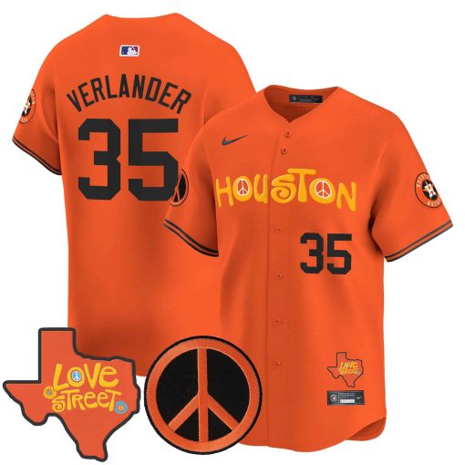 Men’s Astros Love Street & Peace Sign Patch Vapor Premier Limited Jersey V2 ORANGE #35 VERLANDER