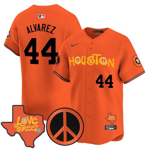 Men’s Astros Love Street & Peace Sign Patch Vapor Premier Limited Jersey V2 ORANGE #44 ALVAREZ