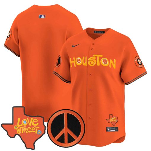 Men’s Astros Love Street & Peace Sign Patch Vapor Premier Limited Jersey V2 ORANGE BLANK