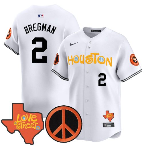 Men’s Astros Love Street & Peace Sign Patch Vapor Premier Limited Jersey V2 WHITE #2 BREGMAN