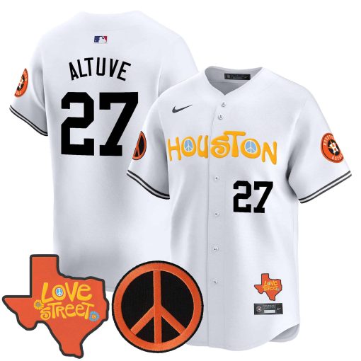 Men’s Astros Love Street & Peace Sign Patch Vapor Premier Limited Jersey V2 WHITE #27 ALTUVE