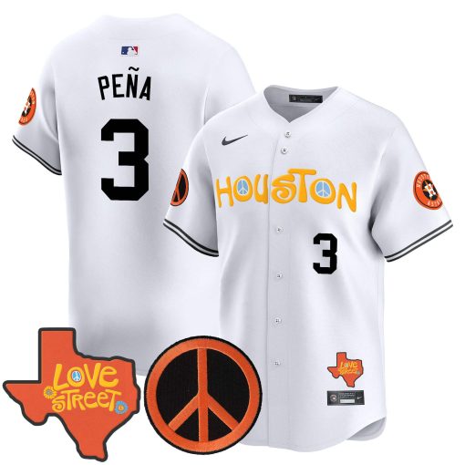 Men’s Astros Love Street & Peace Sign Patch Vapor Premier Limited Jersey V2 WHITE #3 PENA