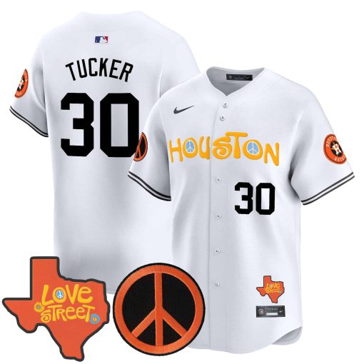 Men’s Astros Love Street & Peace Sign Patch Vapor Premier Limited Jersey V2 WHITE #30 TUCKER