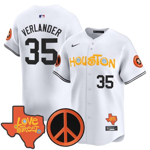 Men’s Astros Love Street & Peace Sign Patch Vapor Premier Limited Jersey V2 WHITE #35 VERLANDER