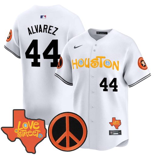 Men’s Astros Love Street & Peace Sign Patch Vapor Premier Limited Jersey V2 WHITE #44 ALVAREZ