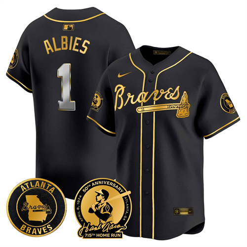 Men’s Atlanta Braves Hank Aaron 715th Home Run Patch Vapor Premier Limited Jersey – All Stitched  Black Gold #1 Ozzie Albies