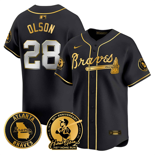 Men’s Atlanta Braves Hank Aaron 715th Home Run Patch Vapor Premier Limited Jersey – All Stitched  Black Gold  Matt Olson #28