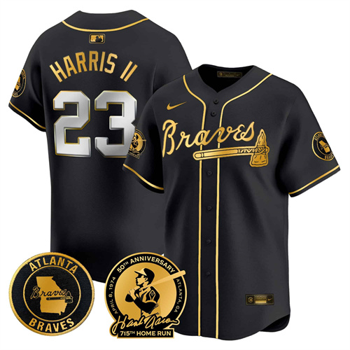 Men’s Atlanta Braves Hank Aaron 715th Home Run Patch Vapor Premier Limited Jersey – All Stitched  Black Gold  Michael Harris II #23
