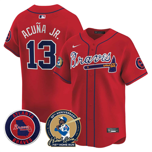 Men’s Atlanta Braves Hank Aaron 715th Home Run Patch Vapor Premier Limited Jersey – All Stitched  Red #13 Ronald Acuna Jr.