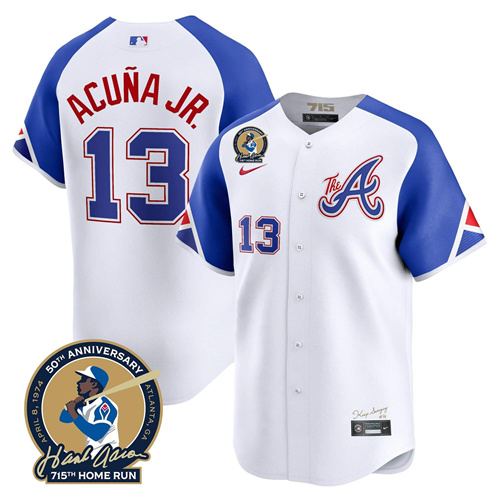 Men’s Atlanta Braves Hank Aaron 715th Home Run Patch Vapor Premier Limited Jersey – All Stitched City Connect  #13 Ronald Acuna Jr.