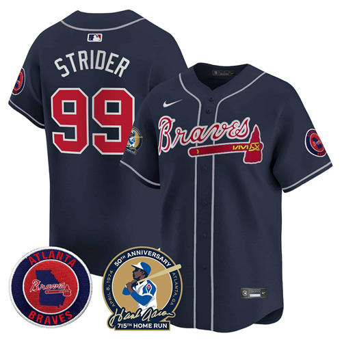 Men’s Atlanta Braves Hank Aaron 715th Home Run Patch Vapor Premier Limited Jersey – All Stitched Navy Spencer Strider #99