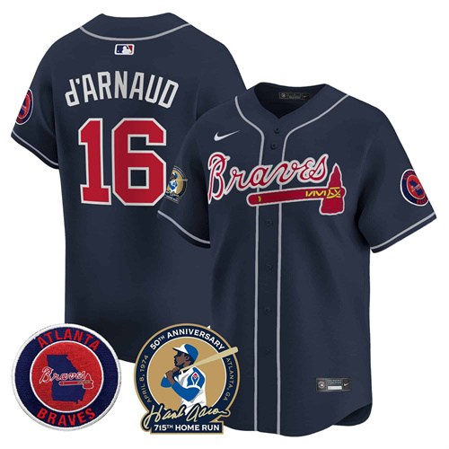 Men’s Atlanta Braves Hank Aaron 715th Home Run Patch Vapor Premier Limited Jersey – All Stitched Navy Travis D'Arnaud #16