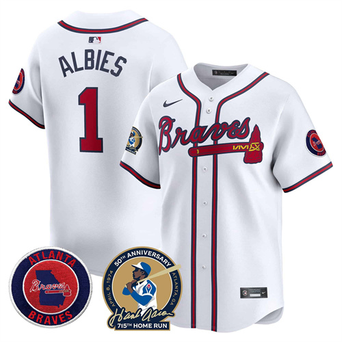 Men’s Atlanta Braves Hank Aaron 715th Home Run Patch Vapor Premier Limited Jersey – All Stitched White  #1 Ozzie Albies