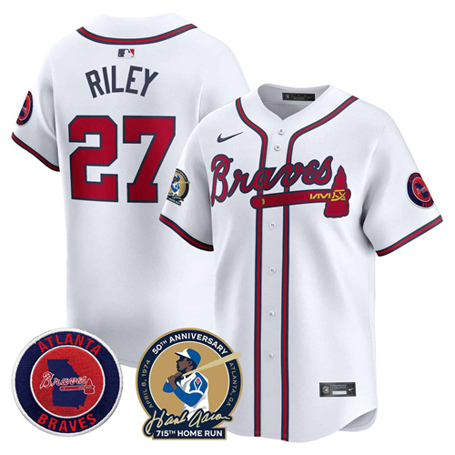 Men’s Atlanta Braves Hank Aaron 715th Home Run Patch Vapor Premier Limited Jersey – All Stitched White  Austin Riley #27