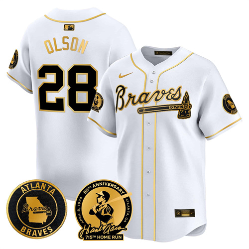 Men’s Atlanta Braves Hank Aaron 715th Home Run Patch Vapor Premier Limited Jersey – All Stitched White Gold Matt Olson #28