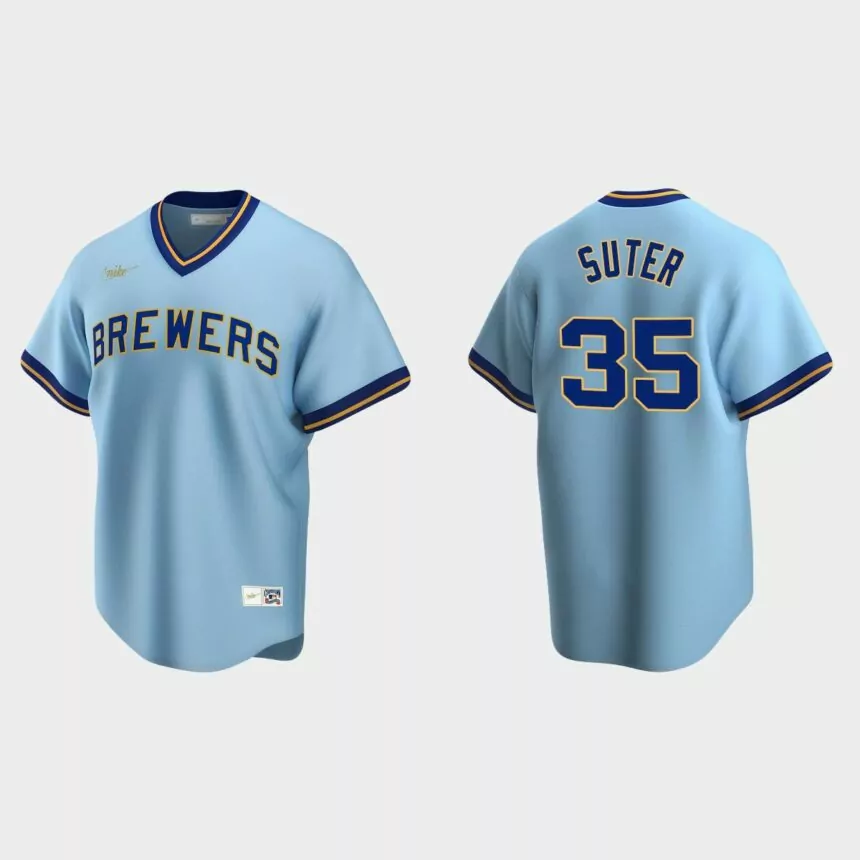 Men’s Brent Suter #35 Milwaukee Brewers Cooperstown Collection Road Jersey – Powder Blue