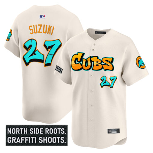 Men’s Chicago Cubs ‘Graffiti North Side Edition’ Vapor Premier Limited Jersey #27 Seiya Suzuki